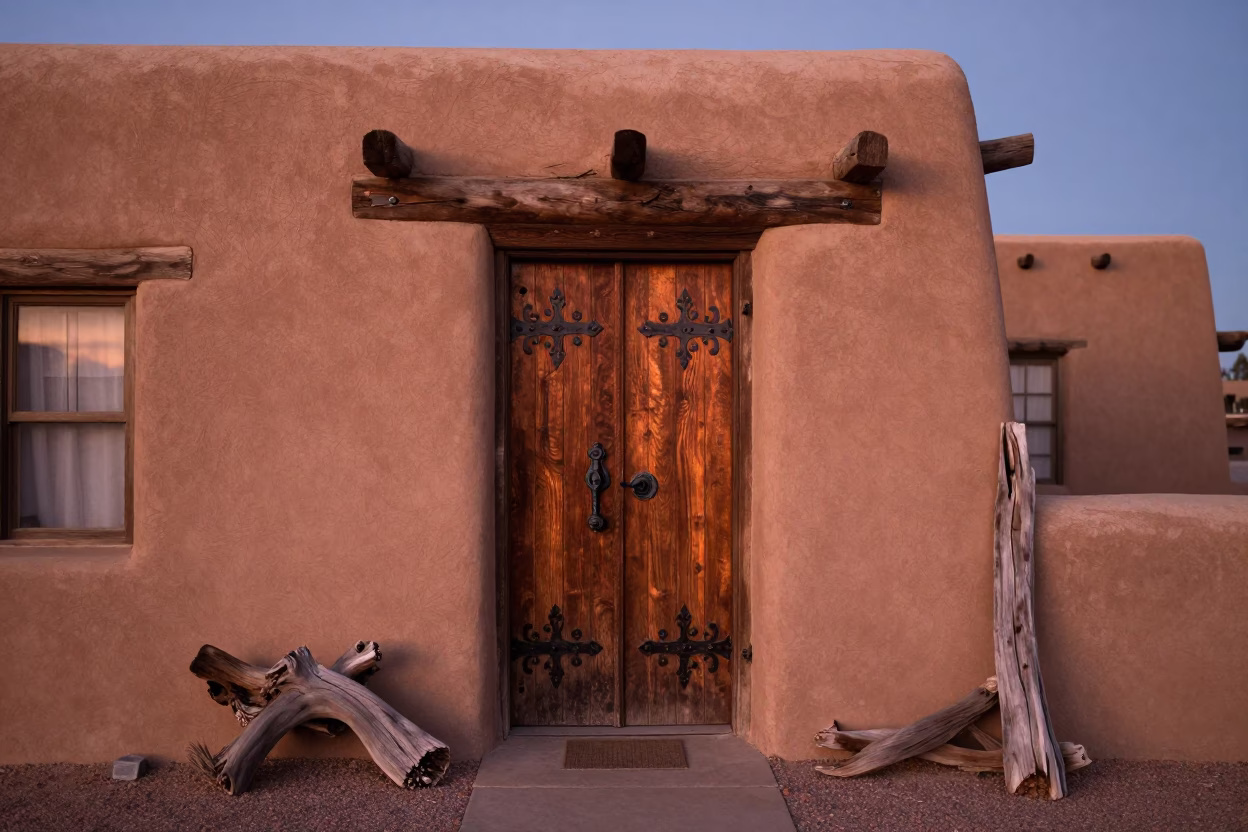 Santa Fe Adobe Terrace Dusk Latch and Driftwood Decor in in Santa Fe, New Mexico, United States
