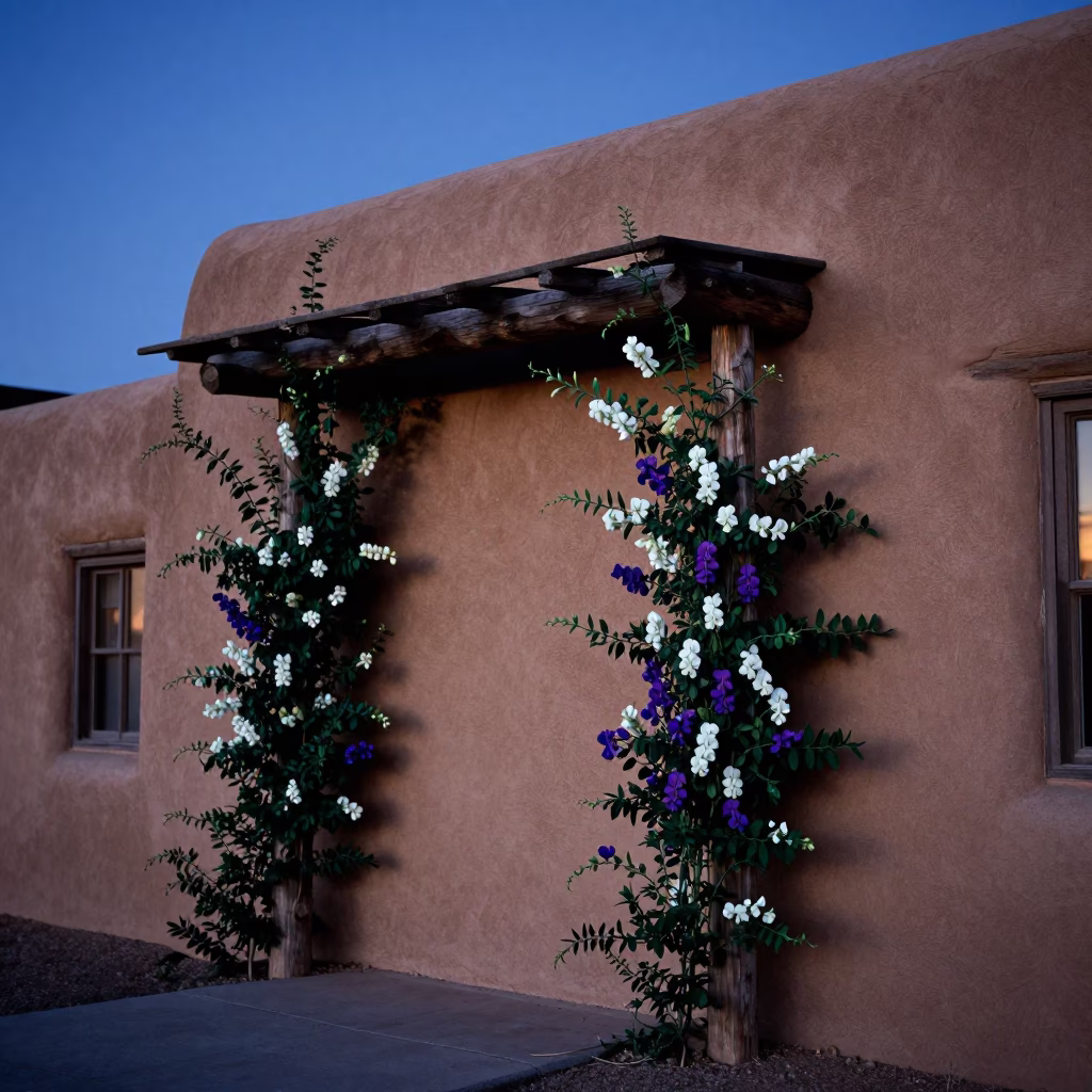 Santa Fe Adobe Wall and Sweet Pea Trellis in Evening Blue Light in in Santa Fe, New Mexico, United States