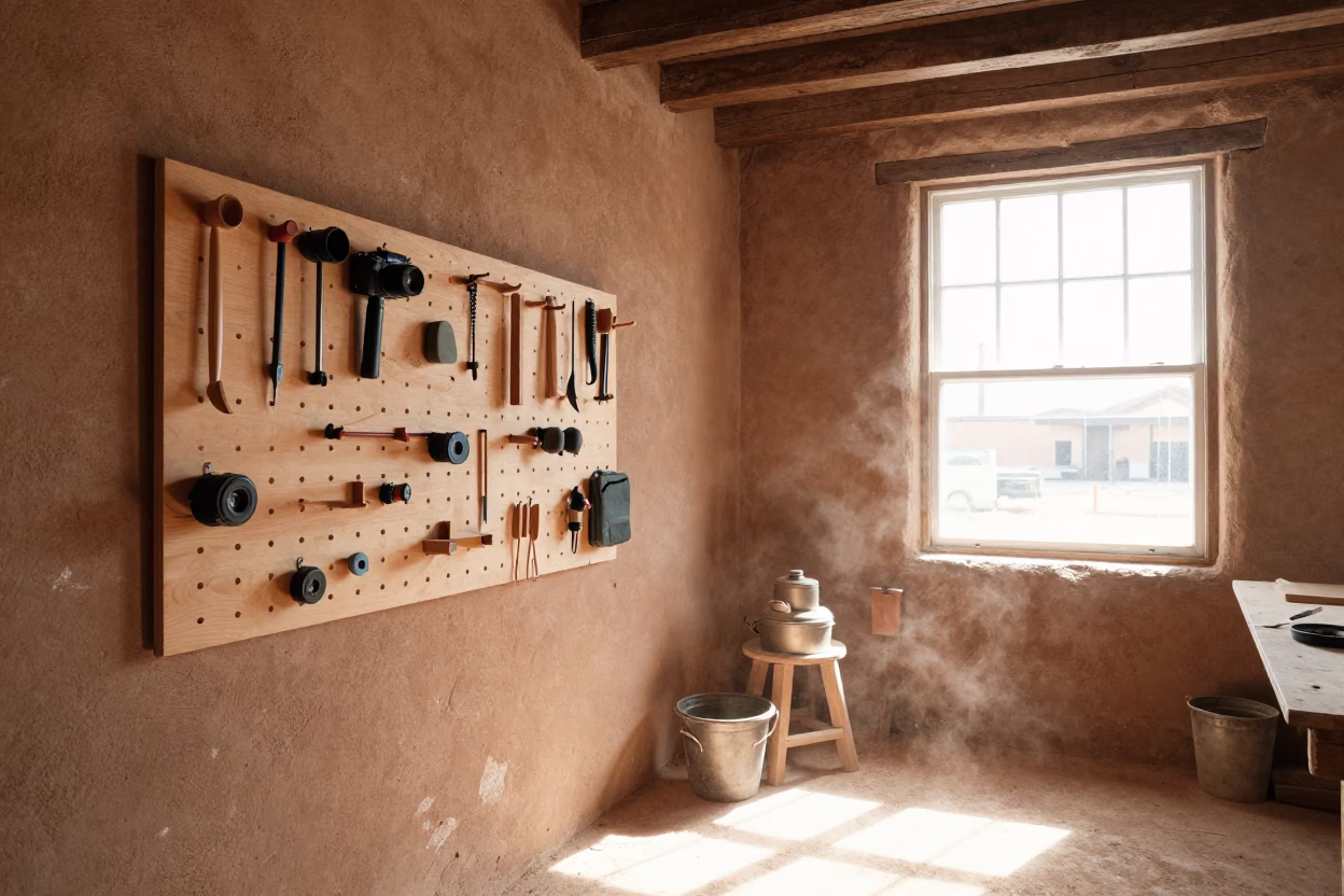 Santa Fe Adobe Workshop Interior with Tool Pegboard and Antique Microscope at Midday in in Santa Fe, New Mexico, United States