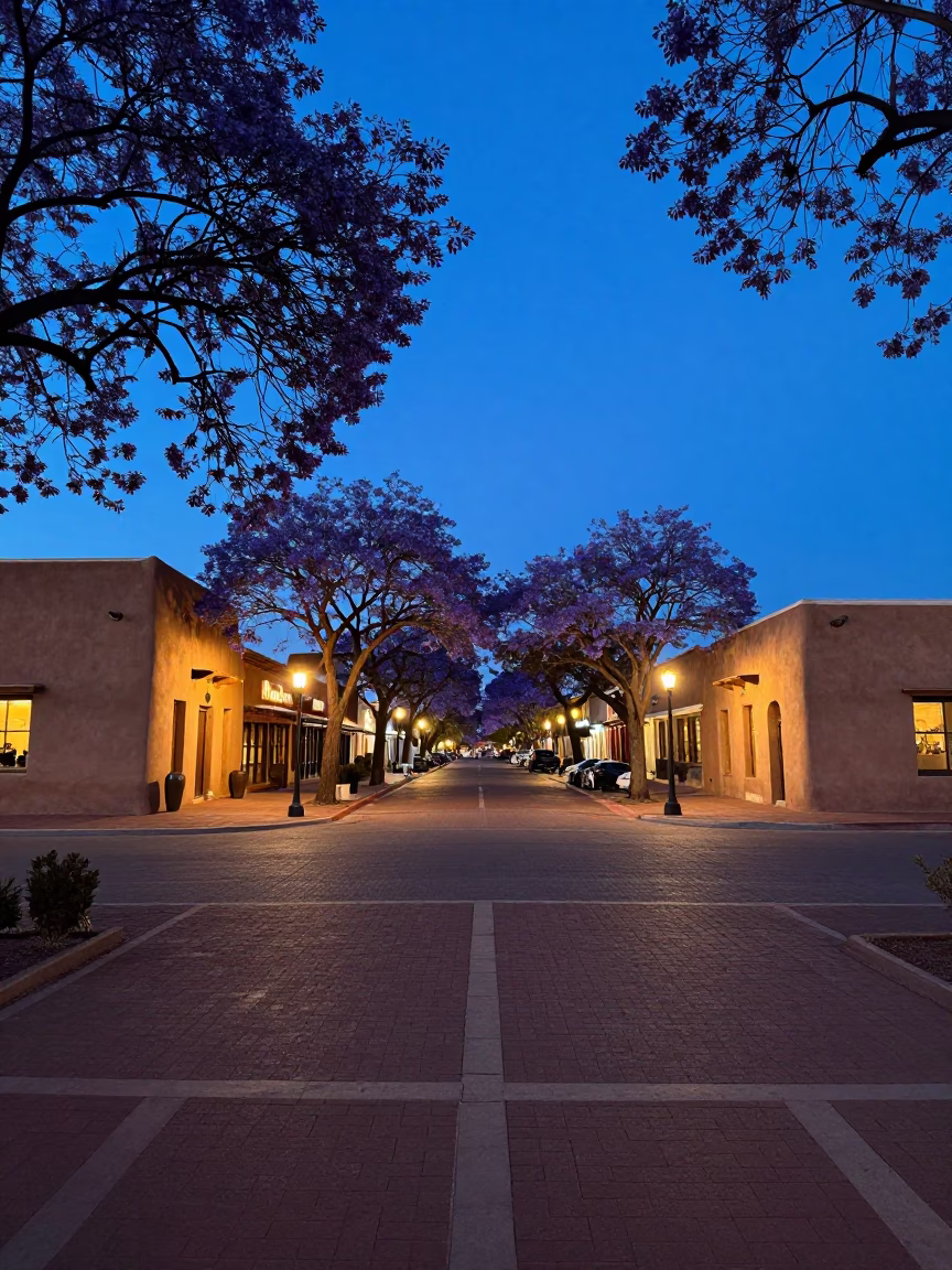 Santa Fe Adobo Plaza Evening Twilight with Adobe Architecture and Jacaranda Trees in in Santa Fe, New Mexico, United States