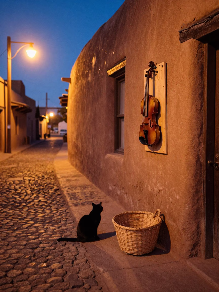 Santa Fe Alleyway Night Scene With Cat And Woven Basket in in Santa Fe, New Mexico, United States