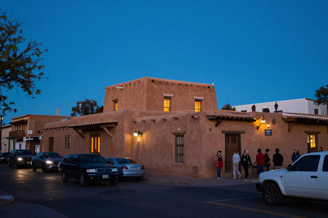 Santa Fe Blue Hour Adobe Architecture and Busy Street Scene in in Santa Fe, New Mexico, United States
