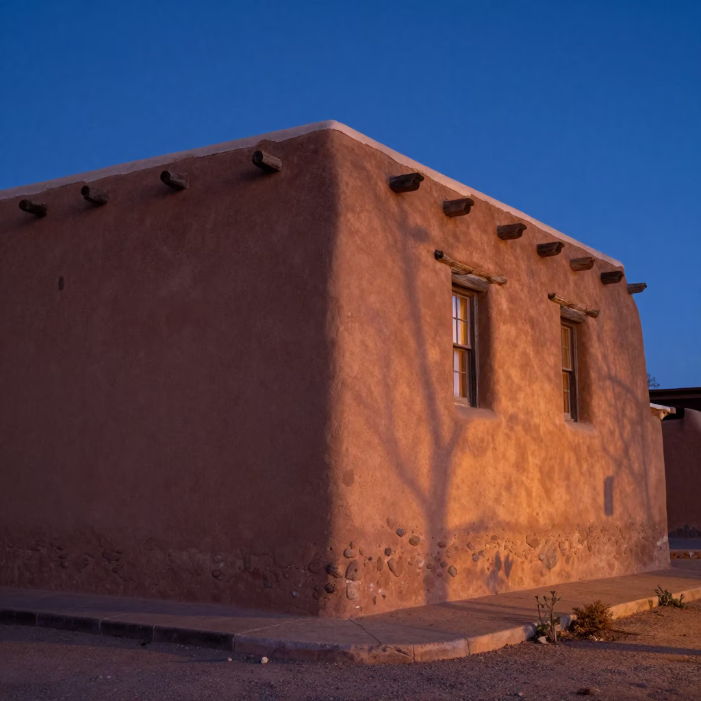 Santa Fe Blue Hour Adobe Architecture and Street Life in New Mexico in in Santa Fe, New Mexico, United States