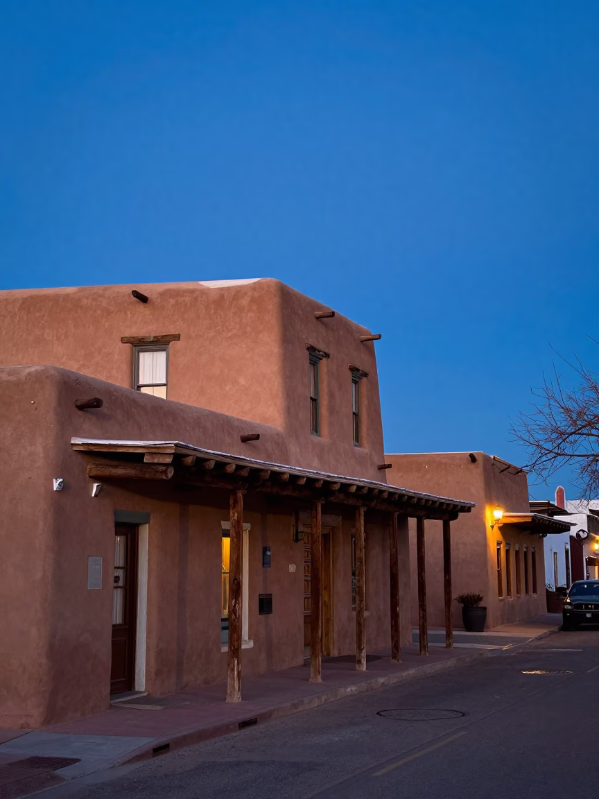 Santa Fe Blue Hour Adobe Architecture and Street Scene in in Santa Fe, New Mexico, United States