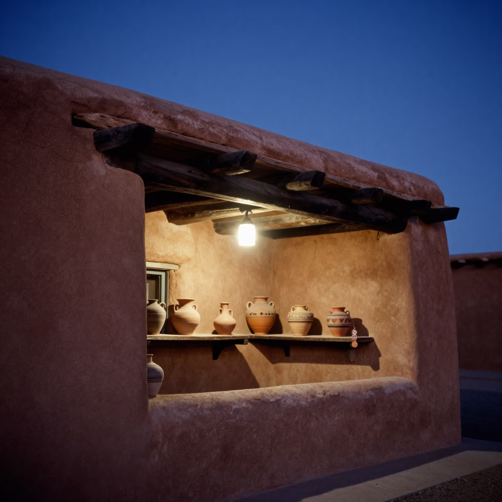Santa Fe Blue Hour Adobe Architecture with Wall Shelf Displaying Traditional Pottery in in Santa Fe, New Mexico, United States