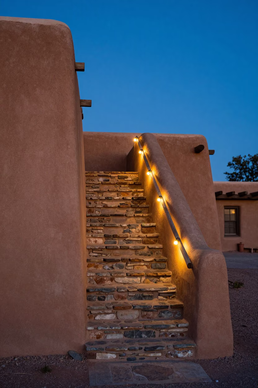 Santa Fe Blue Hour Stair Rail and String Lights Outside Adobe Building in in Santa Fe, New Mexico, United States