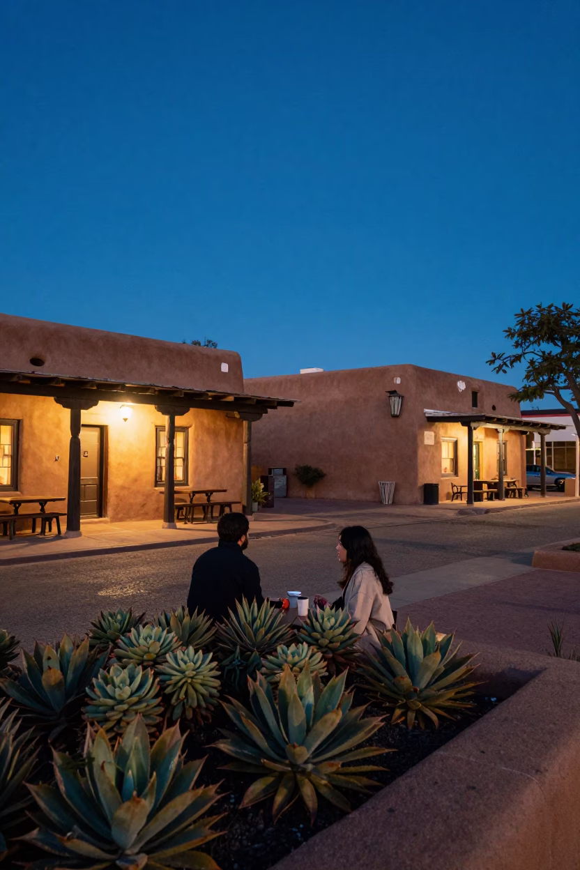 Santa Fe Blue Hour Street Scene with Adobe Architecture and Cafe Succulents in in Santa Fe, New Mexico, United States