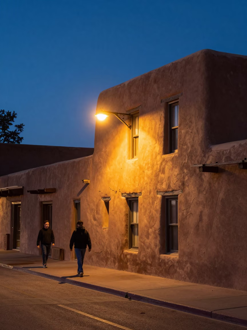 Santa Fe Blue Hour Street Scene with Adobe Architecture and Evening Pedestrians in in Santa Fe, New Mexico, United States