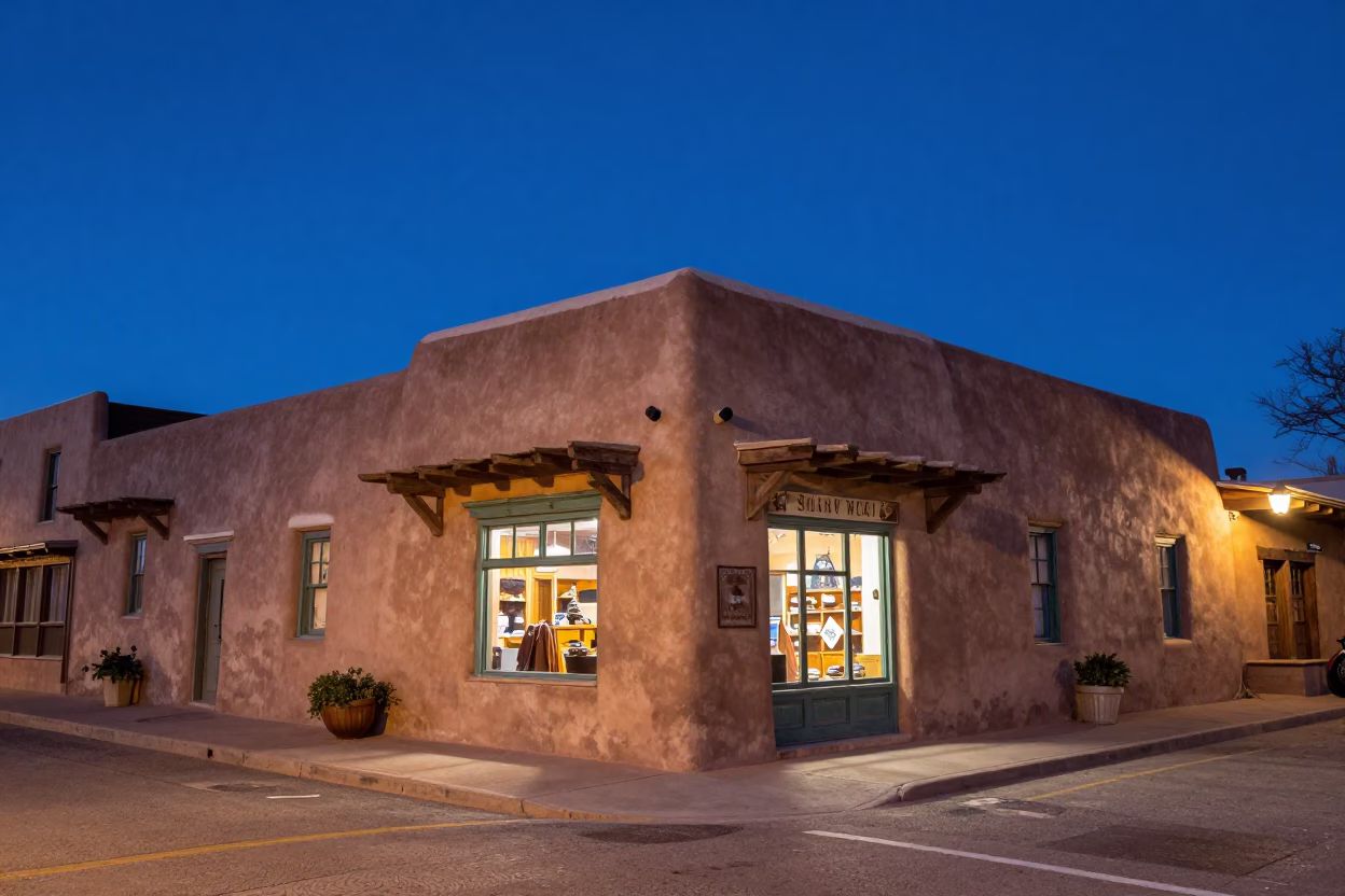 Santa Fe Blue Hour Street Scene with Adobe Architecture and Local Life in in Santa Fe, New Mexico, United States