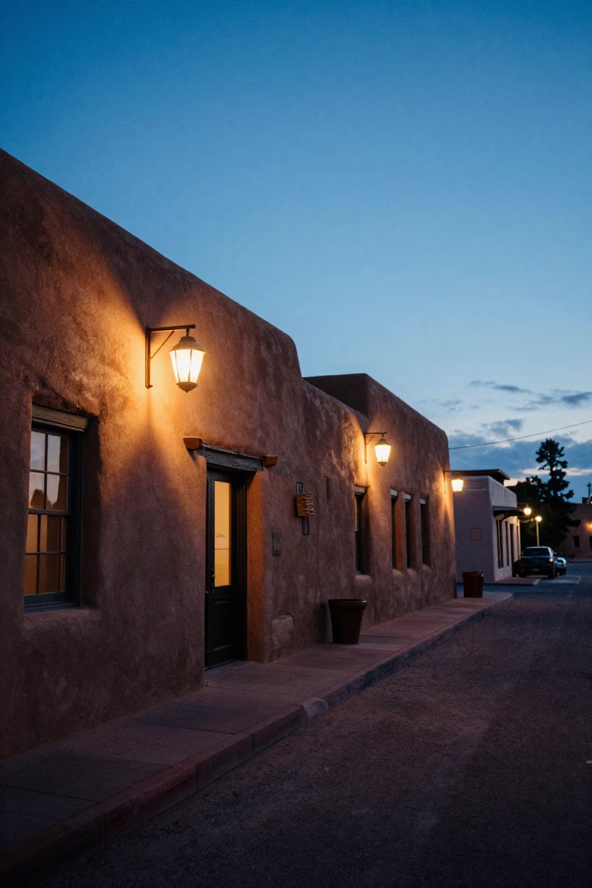 Santa Fe Blue Hour Street Scene with Adobe Architecture and Luminous Lanterns in in Santa Fe, New Mexico, United States