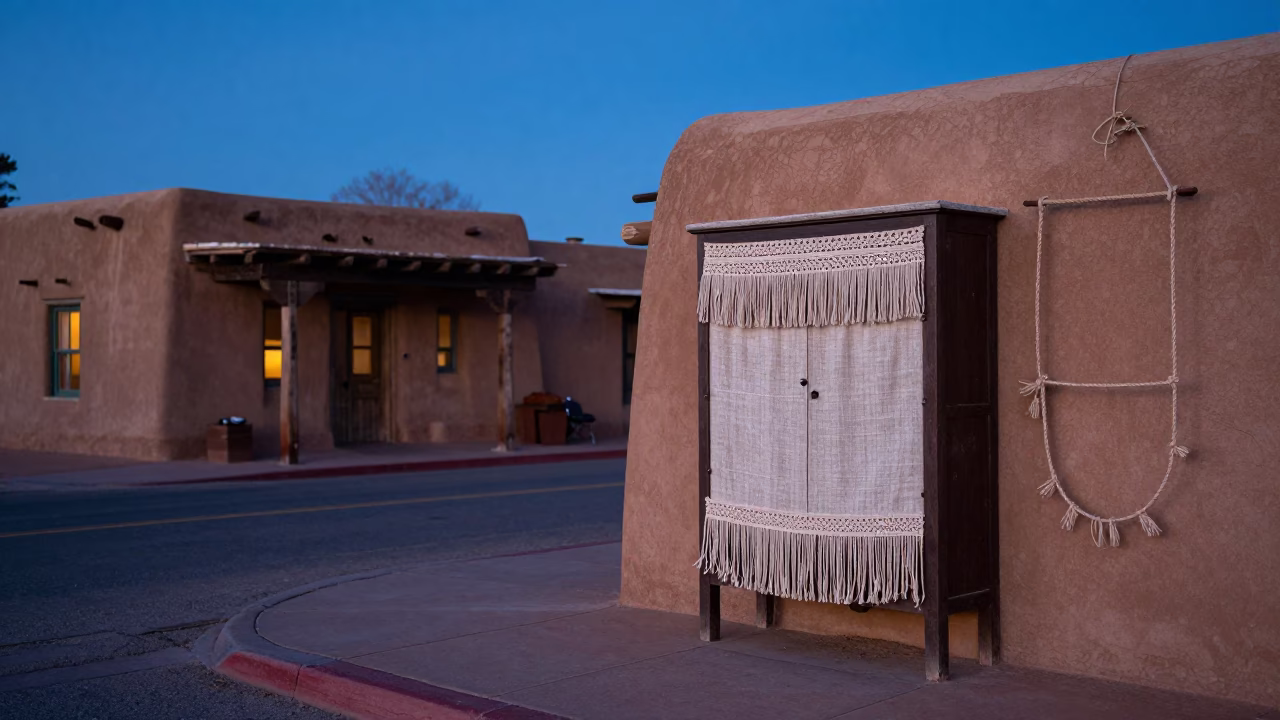 Santa Fe Blue Hour Street Scene with Linen Fringe Detail and Twine Texture in in Santa Fe, New Mexico, United States