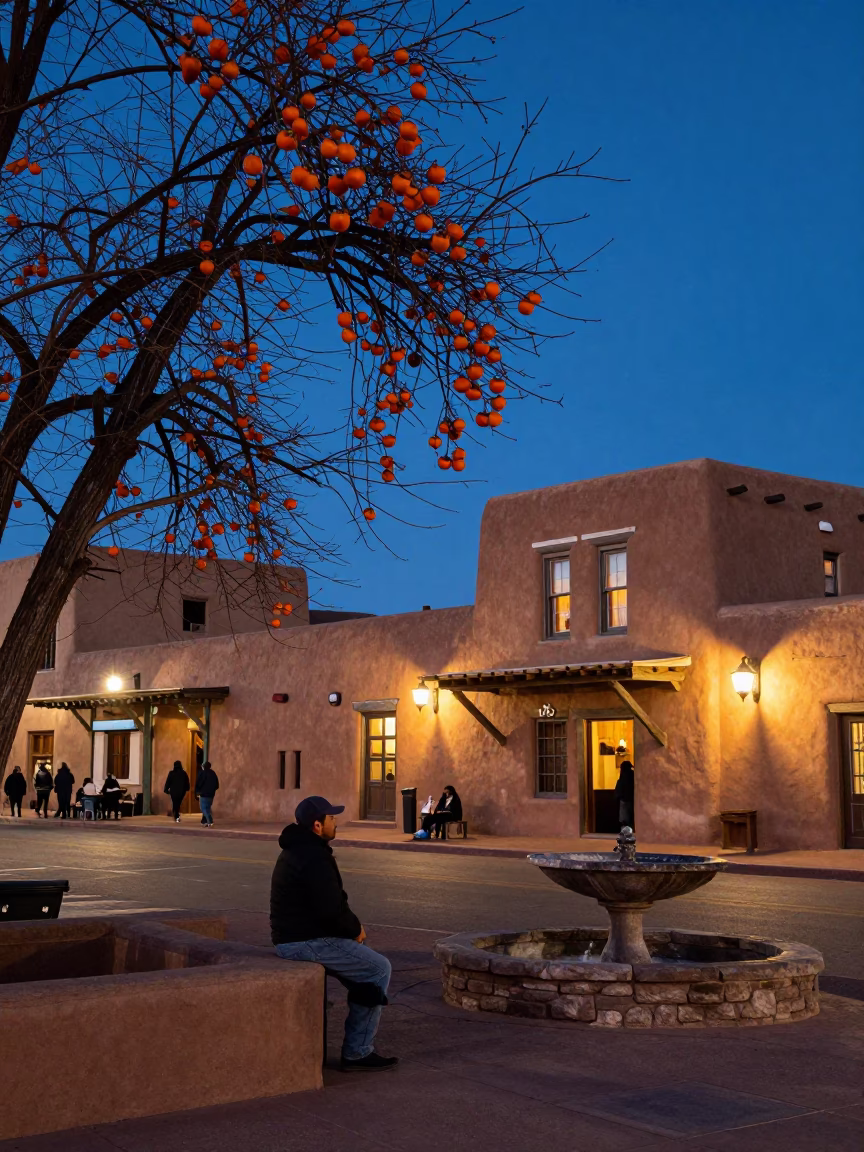 Santa Fe Blue Hour Street Scene with Persimmons and Adobe Architecture in in Santa Fe, New Mexico, United States