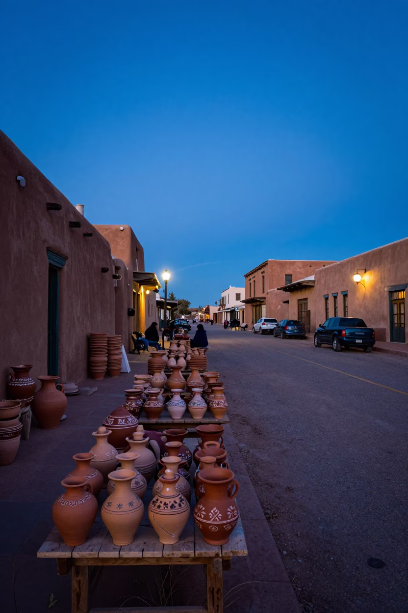 Santa Fe Blue Hour Street Scene with Terracotta Pottery and Adobe Architecture in in Santa Fe, New Mexico, United States