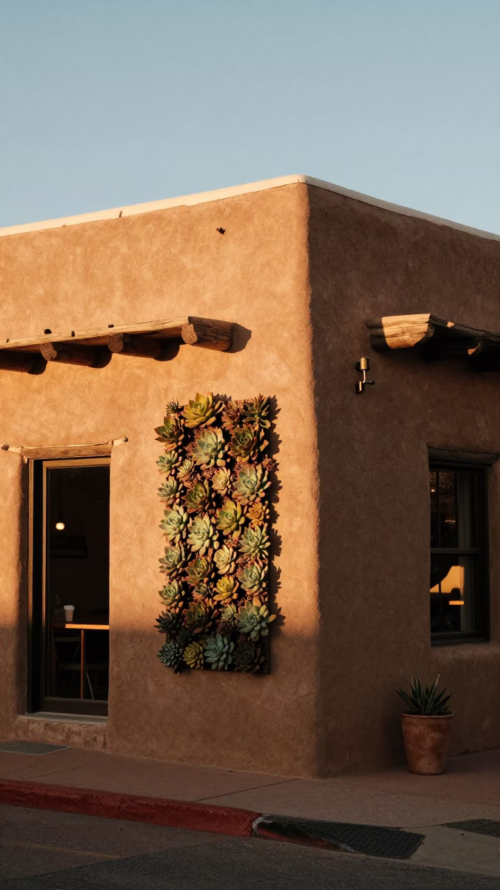 Santa Fe Cafe Exterior with Living Succulent Wall in Honeyed Evening Light in in Santa Fe, New Mexico, United States
