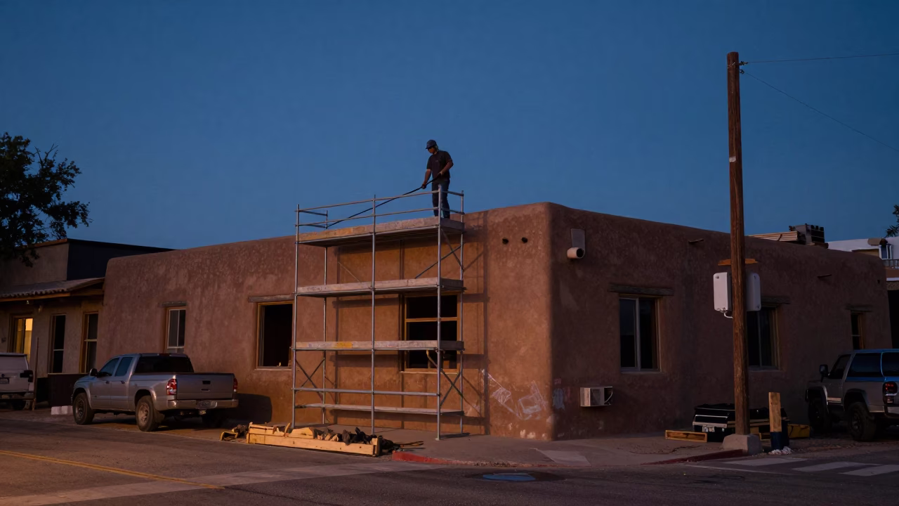 Santa Fe Construction Site at The Predawn Darkness Light in in Santa Fe, New Mexico, United States