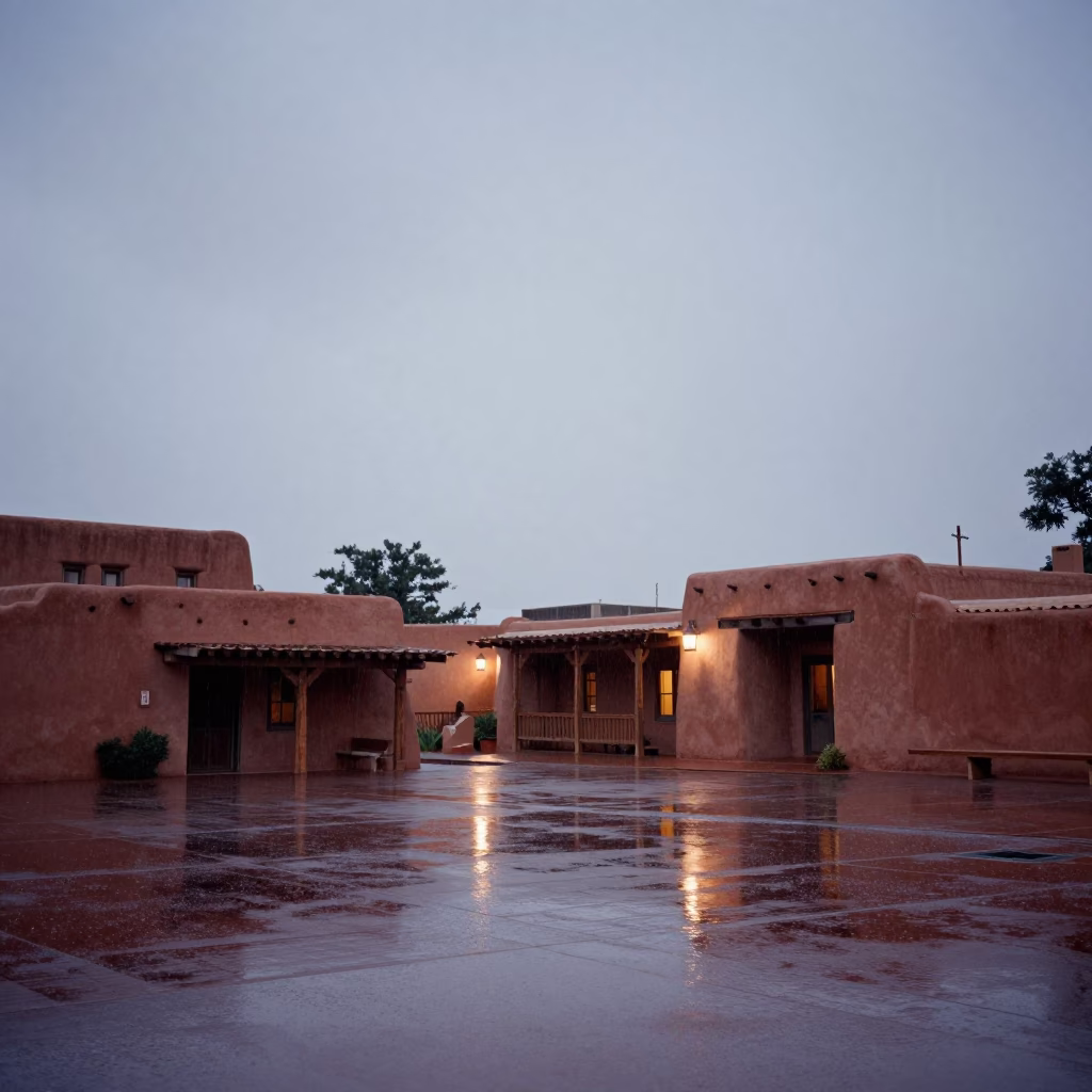 Santa Fe Dusk Rain Reflections on Adobe Walls and Wet Cobblestone Street in in Santa Fe, New Mexico, United States