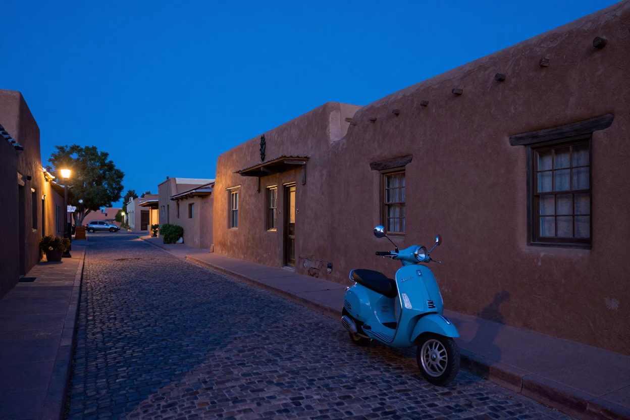 Santa Fe Evening Blue Hour Street Scene with Vintage Vespa on Cobblestone Lane in in Santa Fe, New Mexico, United States