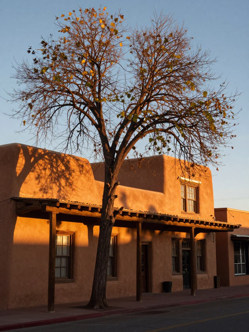 Santa Fe Evening Light Adobe Architecture with Local Tree and Cultural Details in in Santa Fe, New Mexico, United States