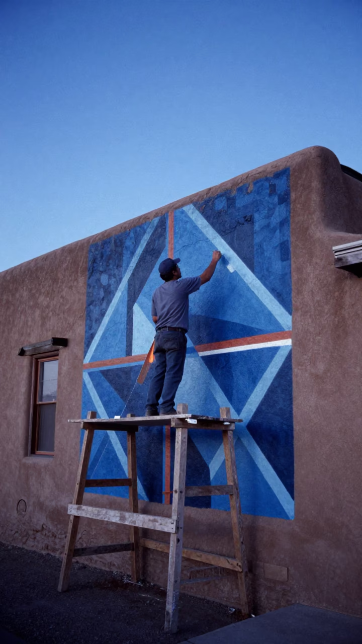 Santa Fe Evening Street Mural Artist Painting Adobes Under Blue Light in in Santa Fe, New Mexico, United States