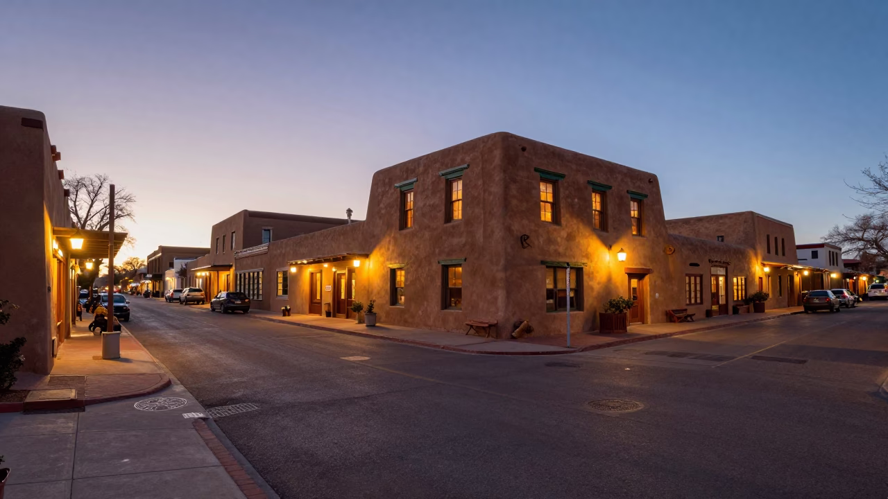 Santa Fe evening street scene with adobe architecture and glowing lights in in Santa Fe, New Mexico, United States