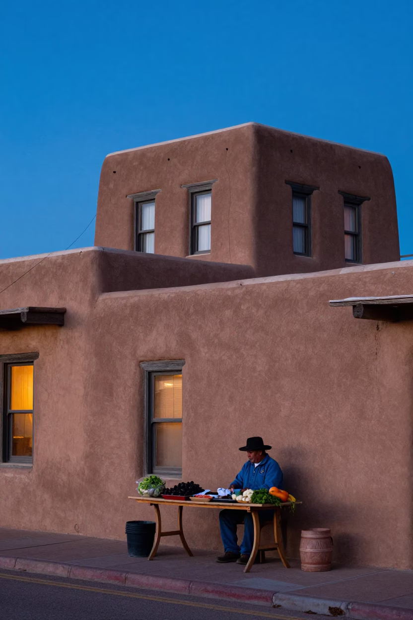Santa Fe Evening Street Scene with Adobe Architecture and Local Activity in in Santa Fe, New Mexico, United States