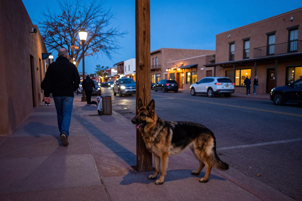 Santa Fe Evening Street Scene with German Shepherd Dog and Salt Shaker in in Santa Fe, New Mexico, United States