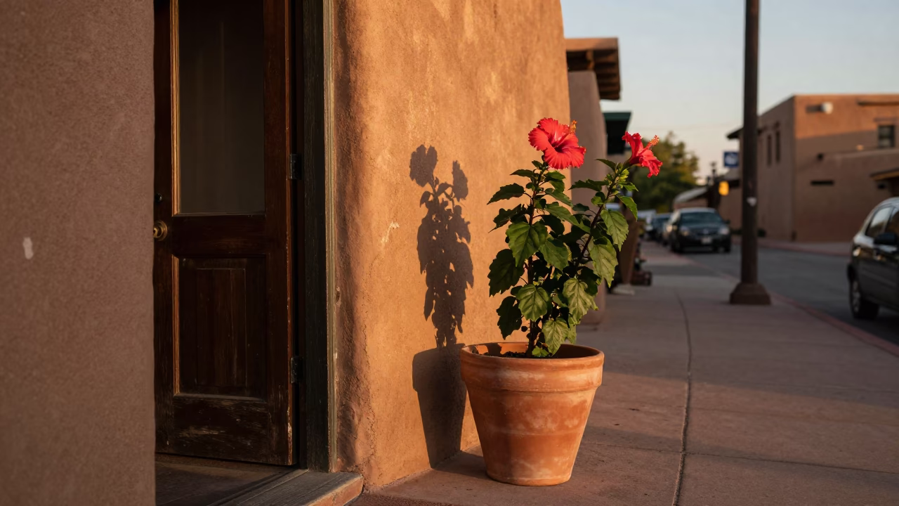Santa Fe Evening Street Scene with Terracotta Pot and Hibiscus Flower in Honeyed Light in in Santa Fe, New Mexico, United States