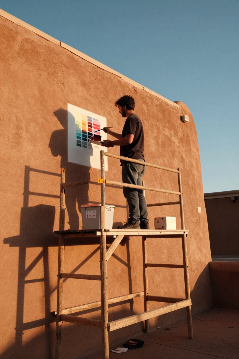 Santa Fe Golden Hour Adobe Muralist Painting Swatches on Scaffold Platform in in Santa Fe, New Mexico, United States