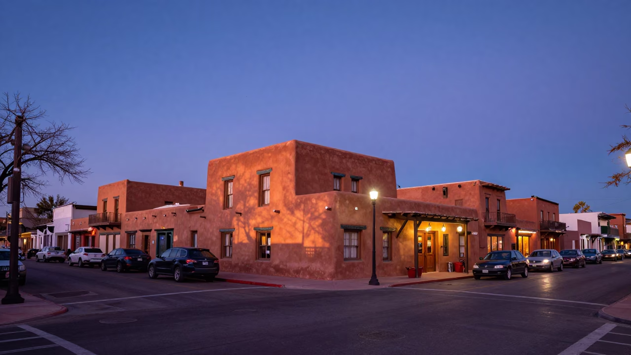 Santa Fe Indigo Twilight Street Scene with Adobe Architecture and Local Activity in in Santa Fe, New Mexico, United States