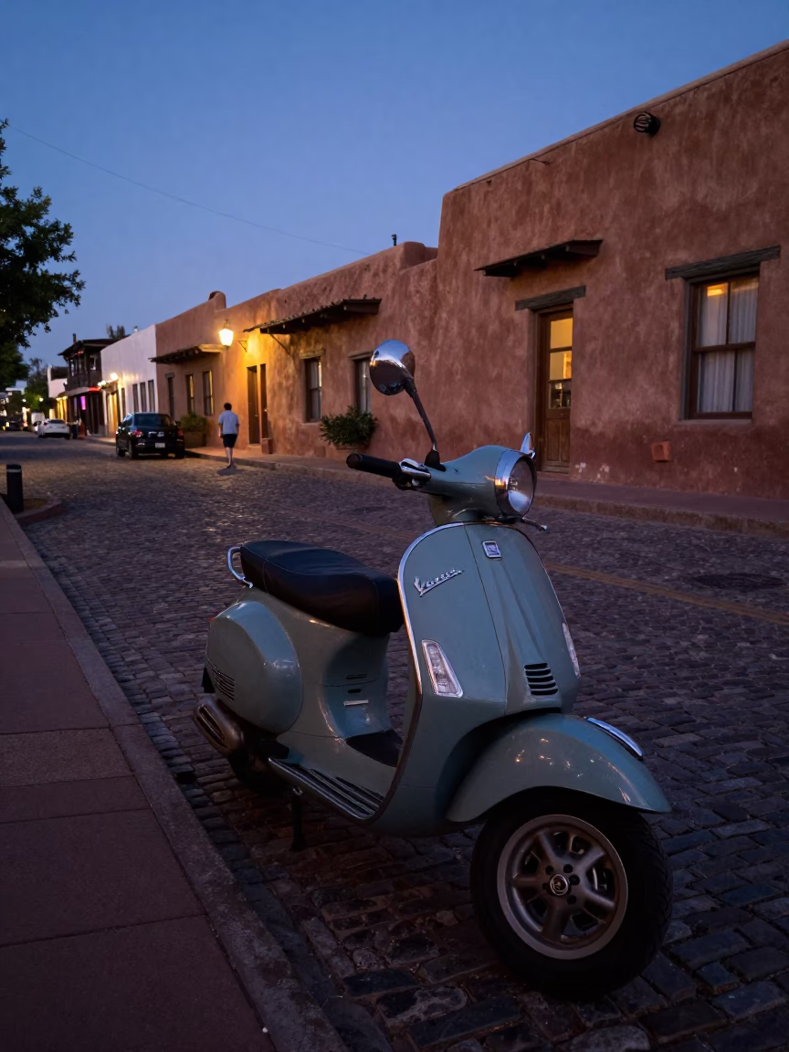 Santa Fe Indigo Twilight Street Scene with Vintage Vespa and Local Adobes in in Santa Fe, New Mexico, United States