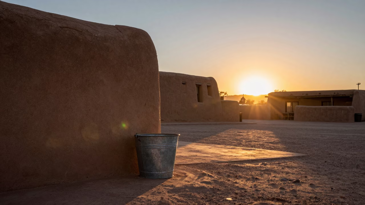 Santa Fe Metal Bucket at As The Sun Drops Toward The Horizon in in Santa Fe, New Mexico, United States