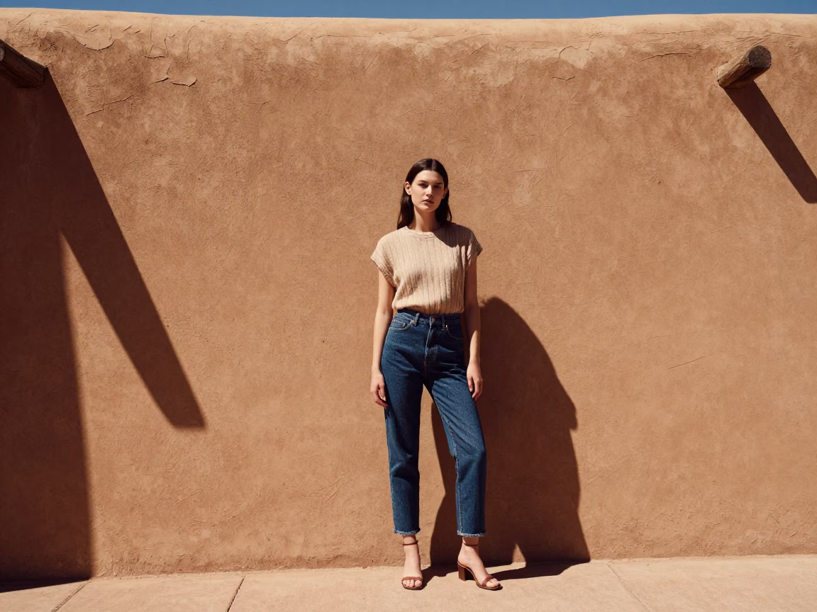 Santa Fe Midday High Fashion Portrait with Adobe Architecture and Traditional Ollas in in Santa Fe, New Mexico, United States