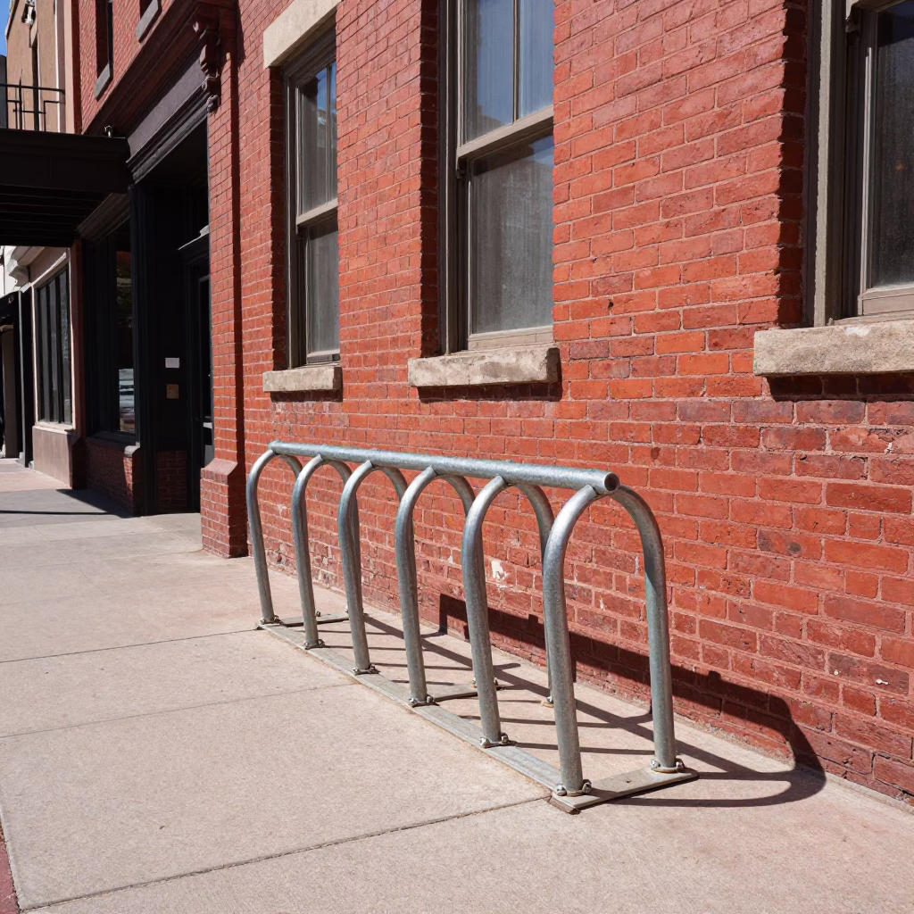 Santa Fe Midday Street Scene with Red Brick Architecture and Bicycle Rack in in Santa Fe, New Mexico, United States
