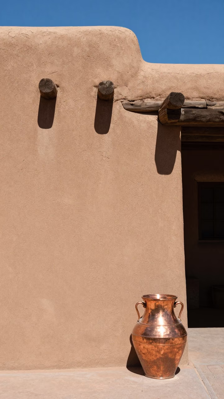 Santa Fe Midday Sunlight on Adobe Architecture and Copper Pottery Display in in Santa Fe, New Mexico, United States