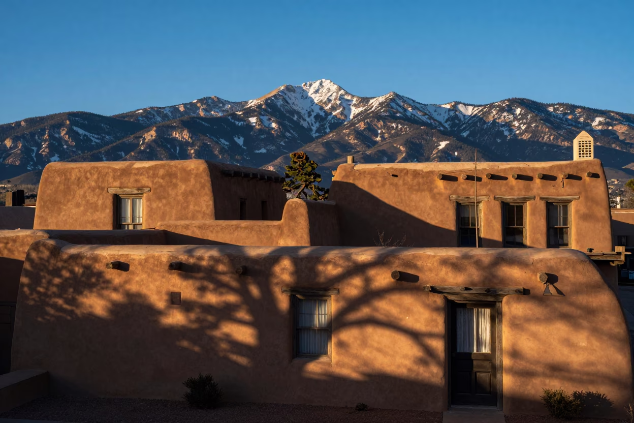 Santa Fe Nautical Dawn Adobe Architecture and Dappled Shadows in in Santa Fe, New Mexico, United States