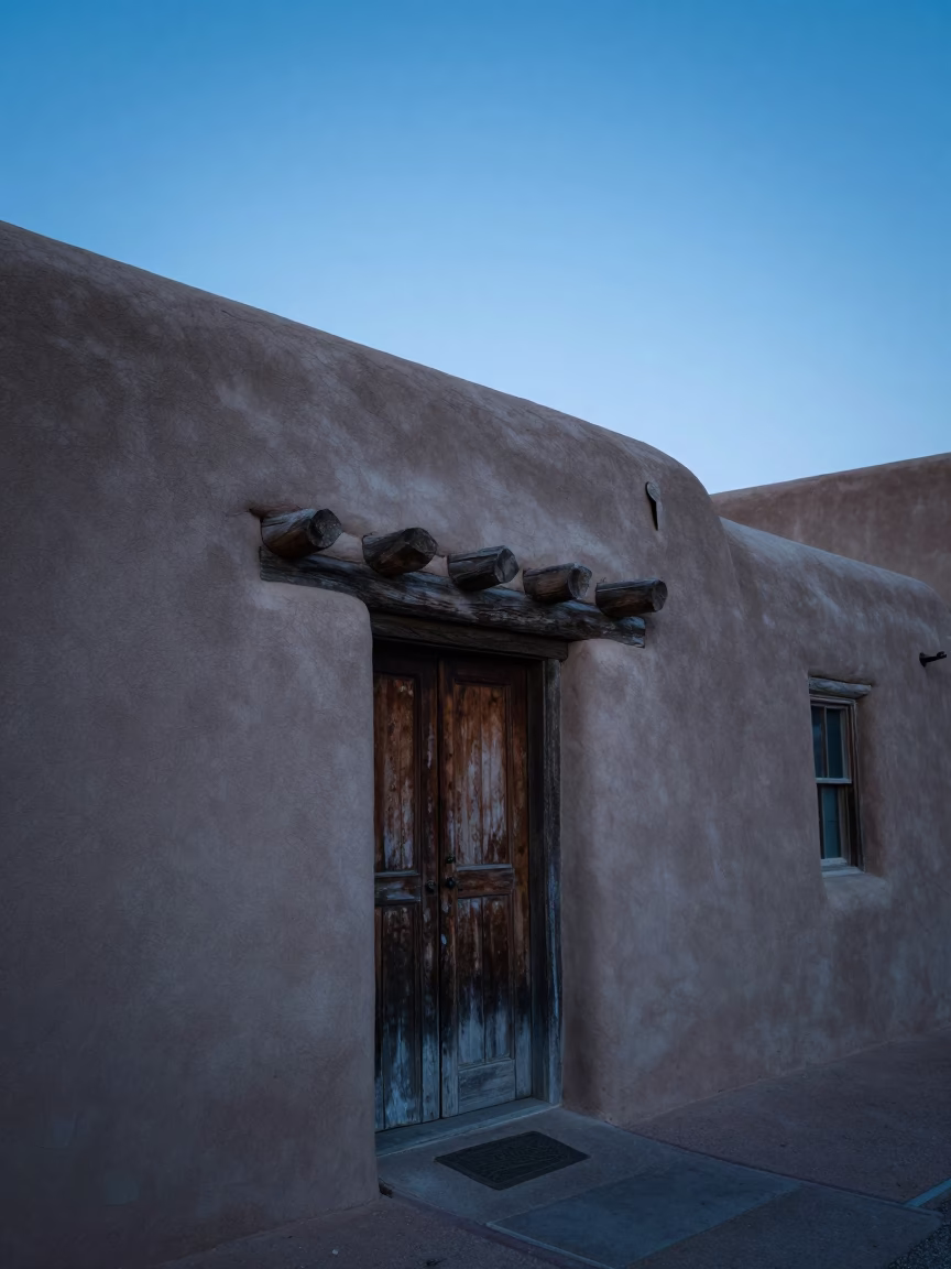 Santa Fe Nautical Dawn Adobe Architecture and Latch Detail in in Santa Fe, New Mexico, United States