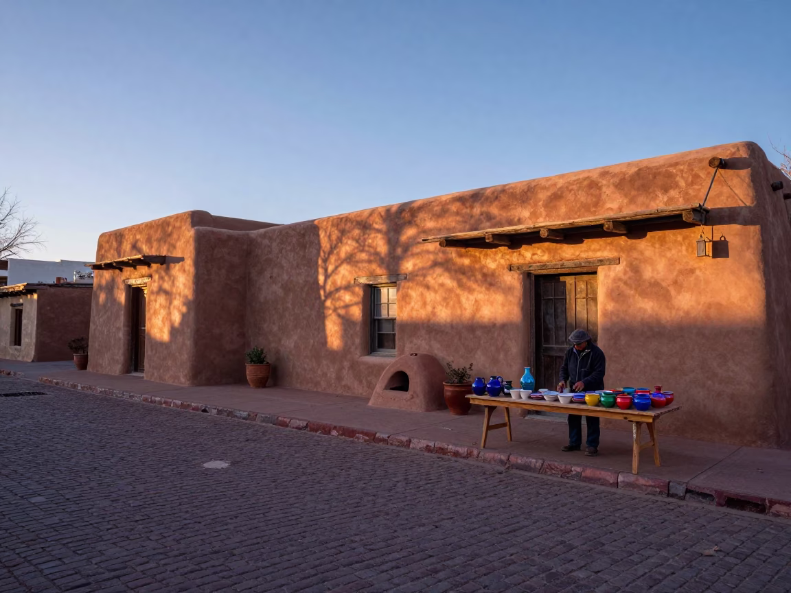 Santa Fe Nautical Dawn Street Scene with Adobe Architecture and Early Morning Activity in in Santa Fe, New Mexico, United States