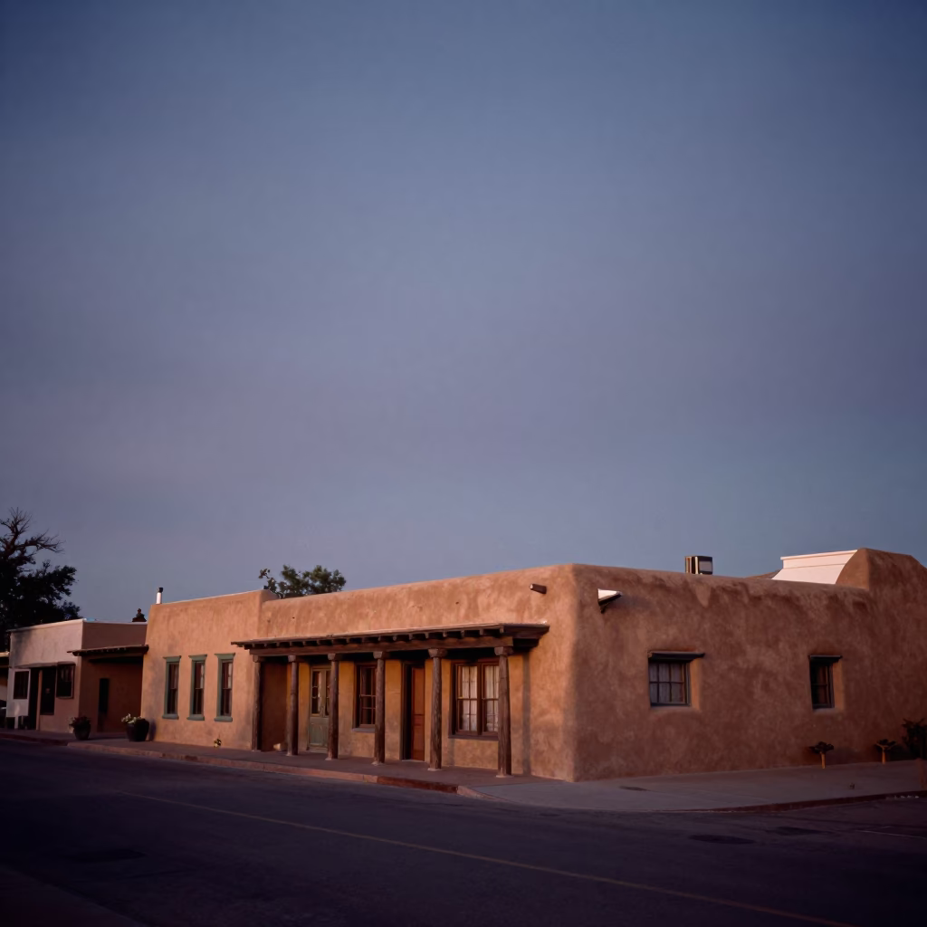 Santa Fe Nautical Dawn Street Scene with Adobe Architecture and Local Life in in Santa Fe, New Mexico, United States