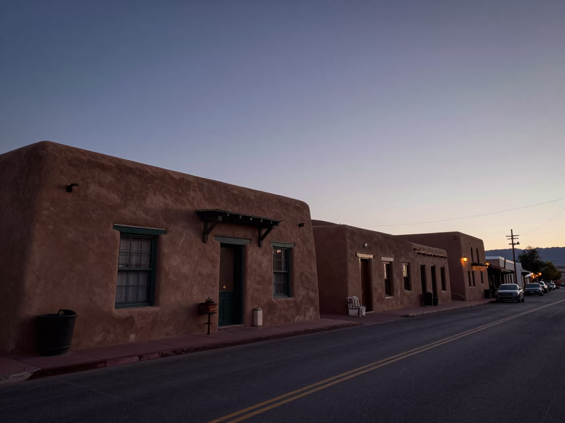 Santa Fe Nautical Dawn Street Scene with Adobe Architecture and Local Morning Activity in in Santa Fe, New Mexico, United States