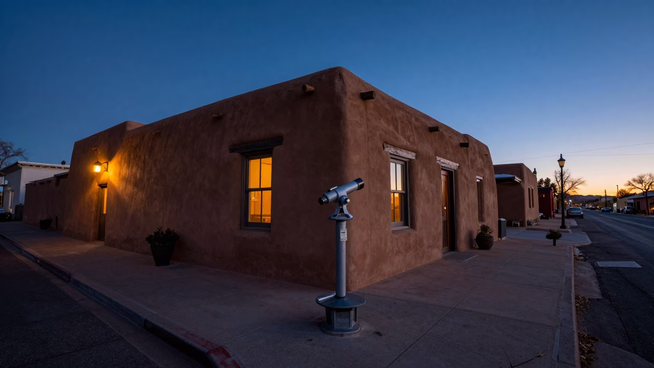 Santa Fe Nautical Dawn Street Scene with Telescope Mount and Local Interaction in in Santa Fe, New Mexico, United States