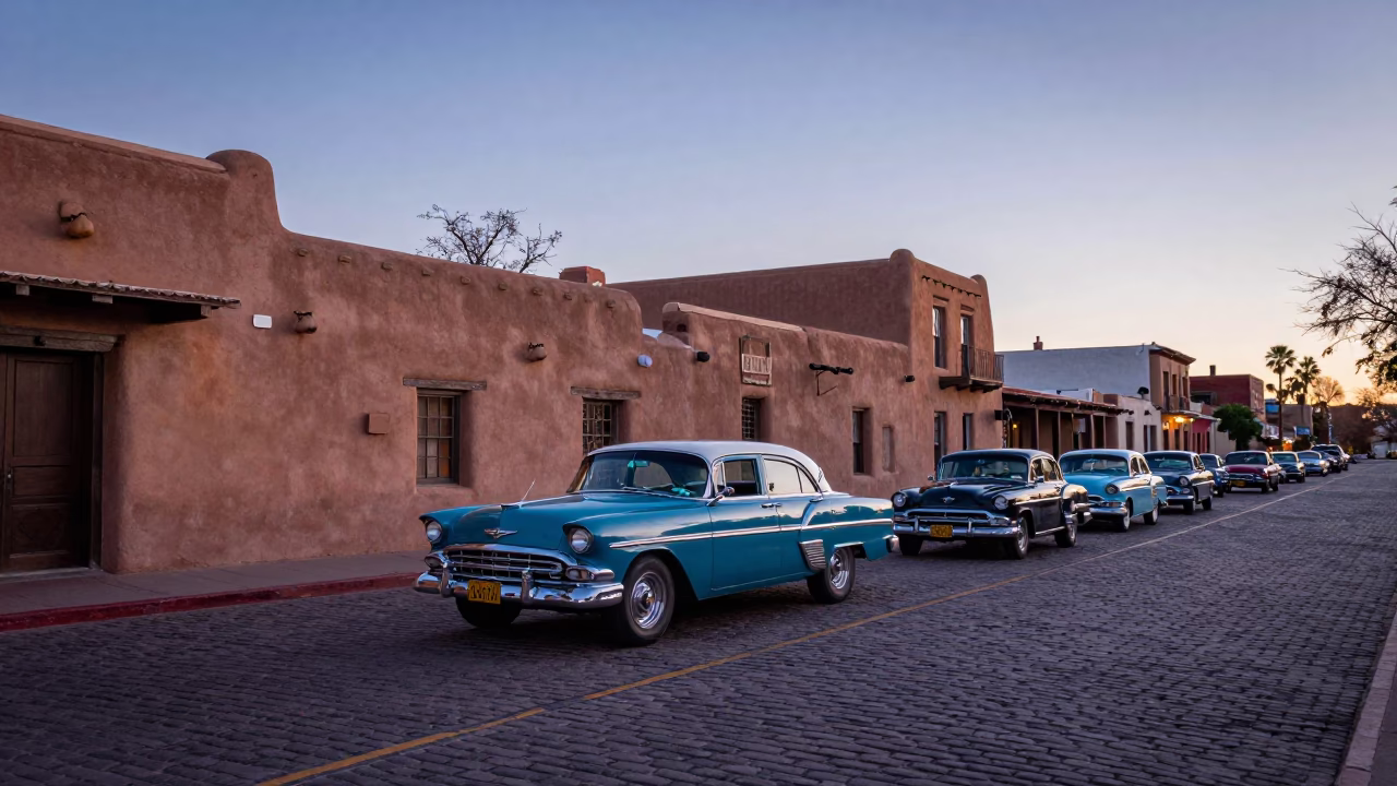 Santa Fe Nautical Dawn Street Scene with Vintage Car Rally and Local Life in in Santa Fe, New Mexico, United States