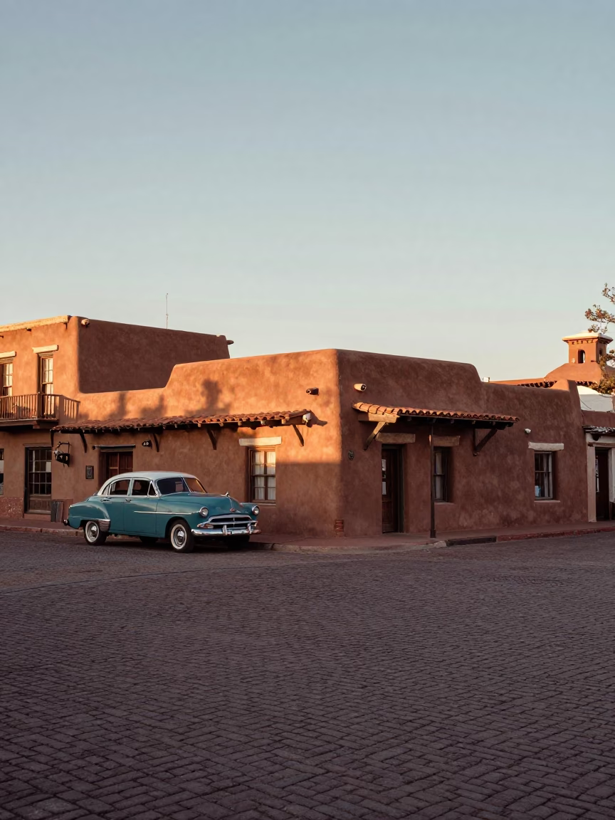 Santa Fe New Mexico 1950s Street Scene Morning Light Adobe Architecture and Local Life in in Santa Fe, New Mexico, United States