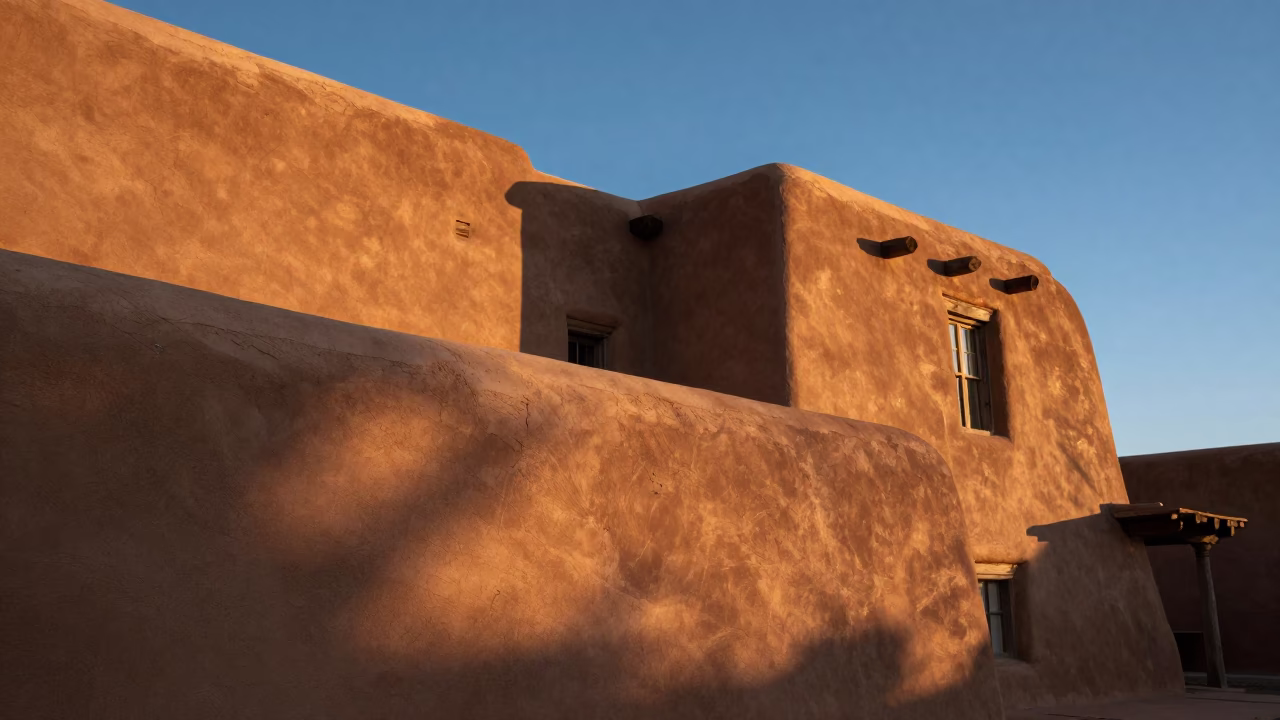 Santa Fe New Mexico adobe architecture and adobe walls at sunrise in in Santa Fe, New Mexico, United States