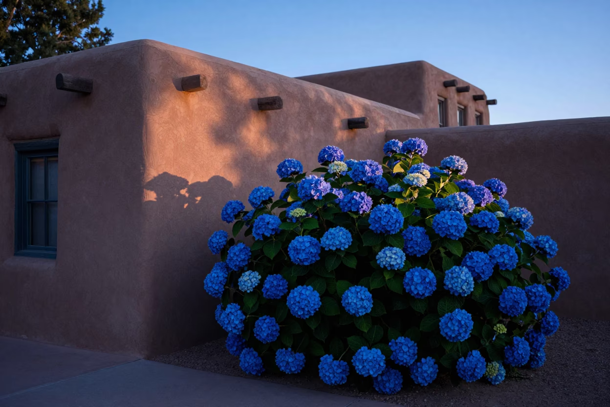 Santa Fe New Mexico Adobe Architecture and Blue Hydrangeas at Dawn in in Santa Fe, New Mexico, United States
