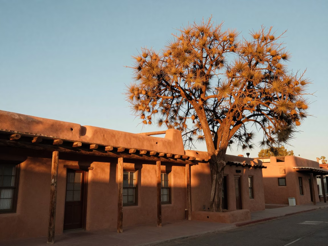 Santa Fe New Mexico Adobe Architecture and Chestnut Tree with Spiky Husks at Sunrise in in Santa Fe, New Mexico, United States