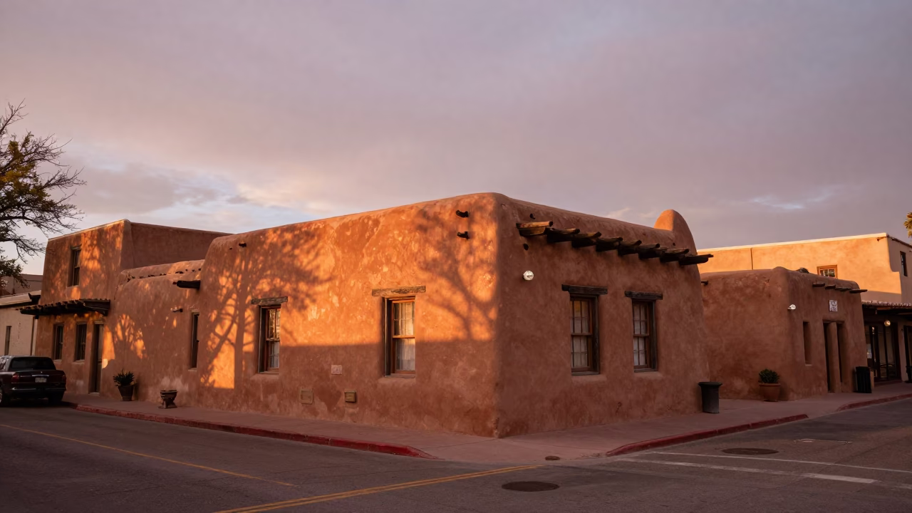 Santa Fe New Mexico adobe architecture and copper dusk light street scene in in Santa Fe, New Mexico, United States