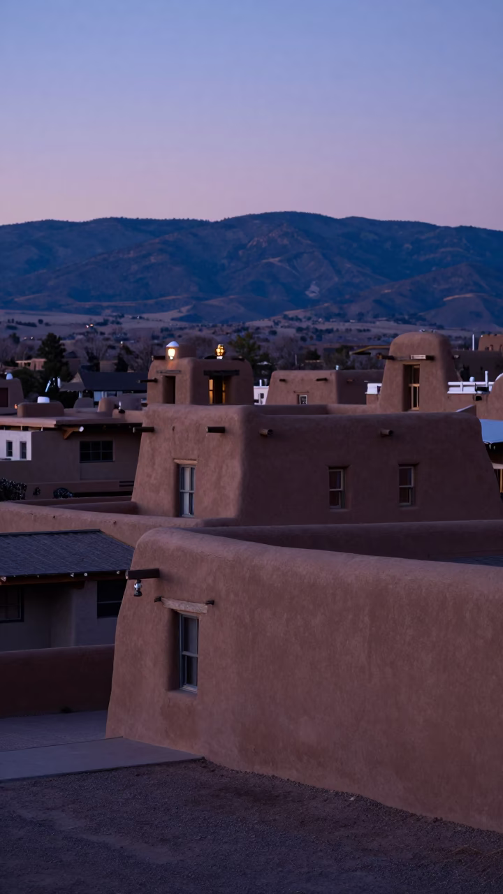 Santa Fe New Mexico adobe architecture and desert landscape at dawn before sunrise in in Santa Fe, New Mexico, United States