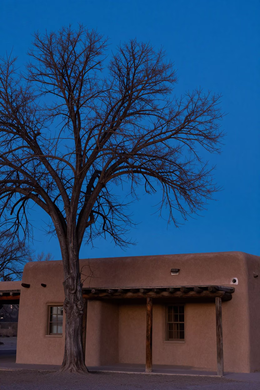 Santa Fe New Mexico Adobe Architecture and Desert Trees in Indigo Twilight in in Santa Fe, New Mexico, United States