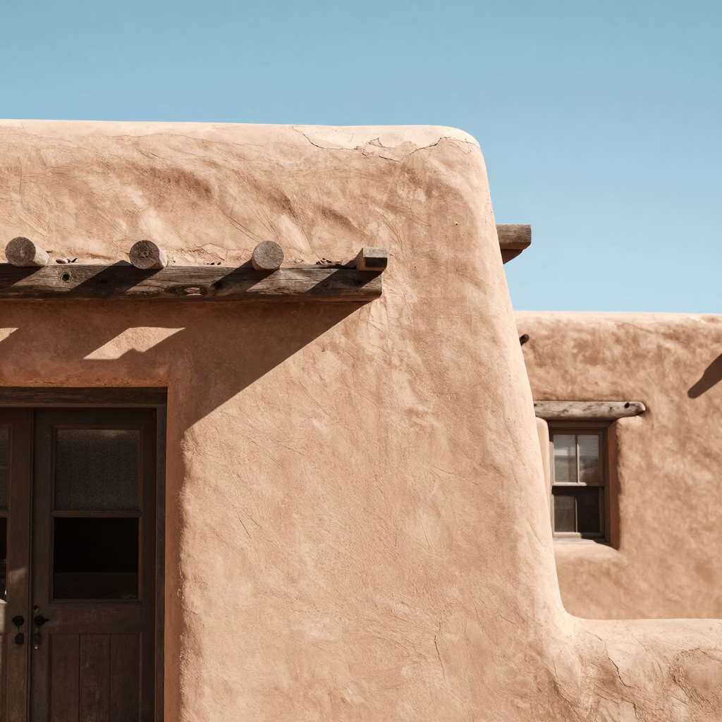 Santa Fe New Mexico Adobe Architecture and Doorframe Detail Under Noon Sun in in Santa Fe, New Mexico, United States
