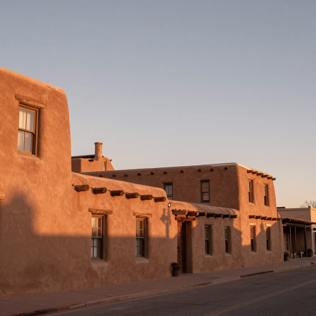 Santa Fe New Mexico Adobe Architecture and Evening Skyline in in Santa Fe, New Mexico, United States